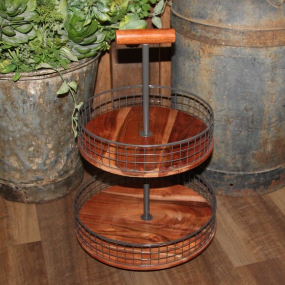 NEW Large Rustic 17.75" Iron & Wood Tiered Farmhouse Basket Stand - Picture 1 of 8